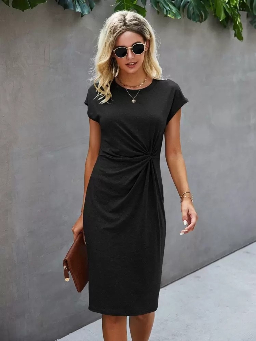Knot-Detail Black Midi Dress